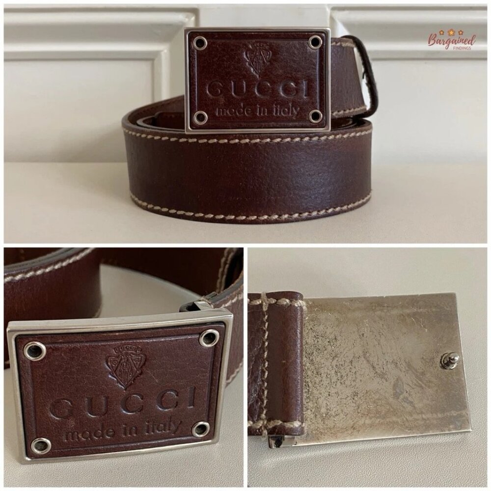 Authentic Gucci Brown Leather Crest Logo Plaque Men's Buckle Belt Size 90/36 - Picture 2 of 13